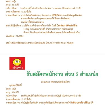 บริษัท ยำแซ่บ จำกัด เปิดรับสมัครพนักงาน/นิสิตจบใหม่ที่มีประสบการณ์การทำงาน ด่วน!! 2 ตำแหน่ง